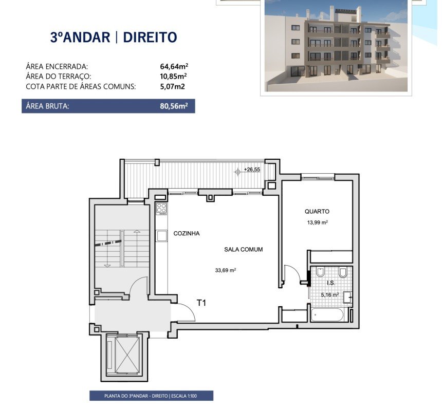 Apartamento T1 em Montenegro de 65 m²